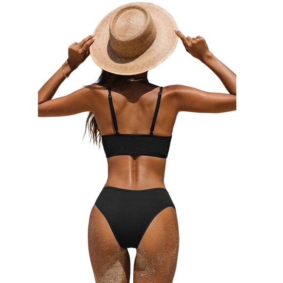 Cupshe Women's Black Onyx Cutout Scoop Neck Bralette & Hipster Bikini Set Medium - Picture 2 of 9